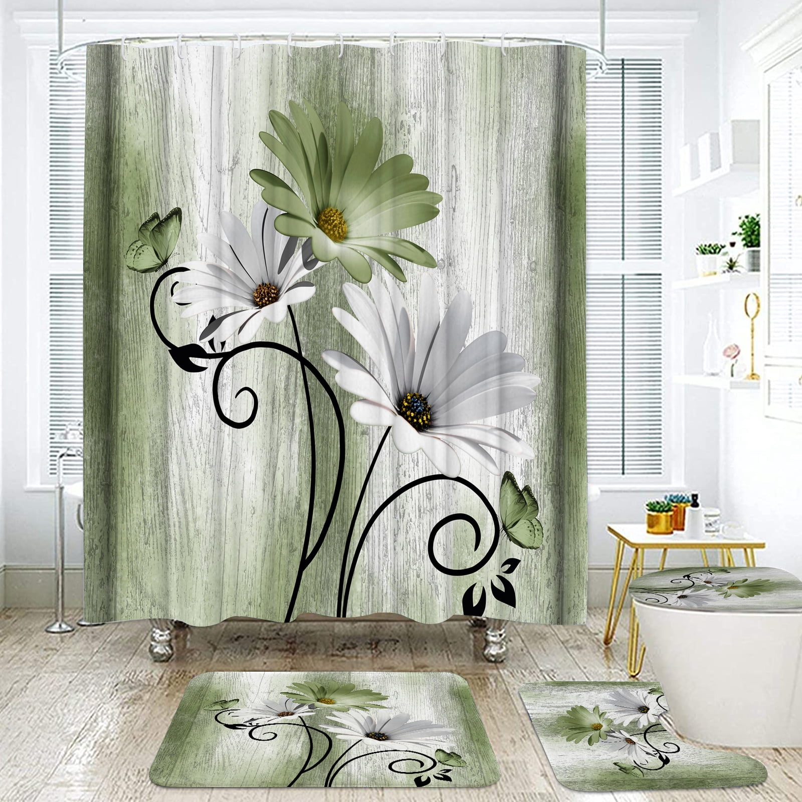 Hadint 4Pcs Grass Green Daisy Floral and Butterfly Shower Curtain Set, Shower Curtain and Rug Set, 12 Pcs Hooks, 71inx71in