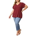 thumbnail image 2 of GRACE & GRANDEUR Women's Plus Size Easter Summer T Shirts Solid Basic V Neck Tulip Sleeve Loose Casual Blouses Tops 2X Burgundy, 2 of 6