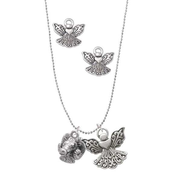 Delight Jewelry Silvertone Medium 3-D Ram Head Silver tone Guardian Angel Charm Necklace and Stud Earrings