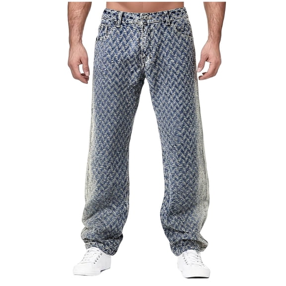 Kakii Men's Jacquard Flared Jeans, Blue and White Patterned Denim Pants with Retro Bell Bottom, Wide Leg Casual Trousers