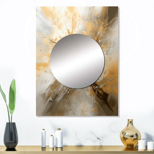 Designart "Chromatic Essence in Gold and Silver I" Abstract Mirror Wall Decor - Modern Gold Abstract Hallway Wall Mirror Art - 32" x 24" Inch