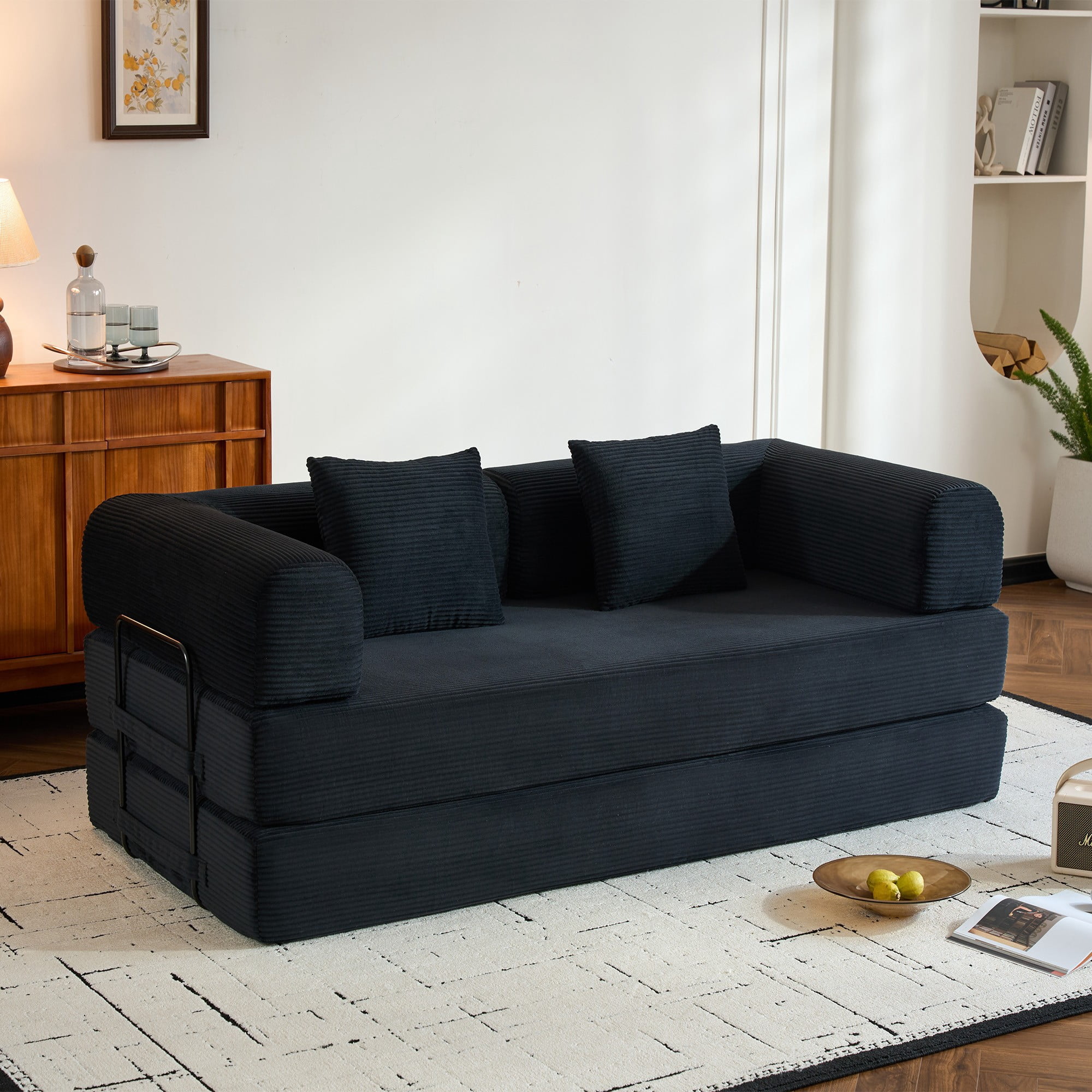 BSHTI 77" Corduroy Convertible Sleeper Sofa Bed with Cylindrical Pillow, No Assembly, Small Space for Living Room（Black）
