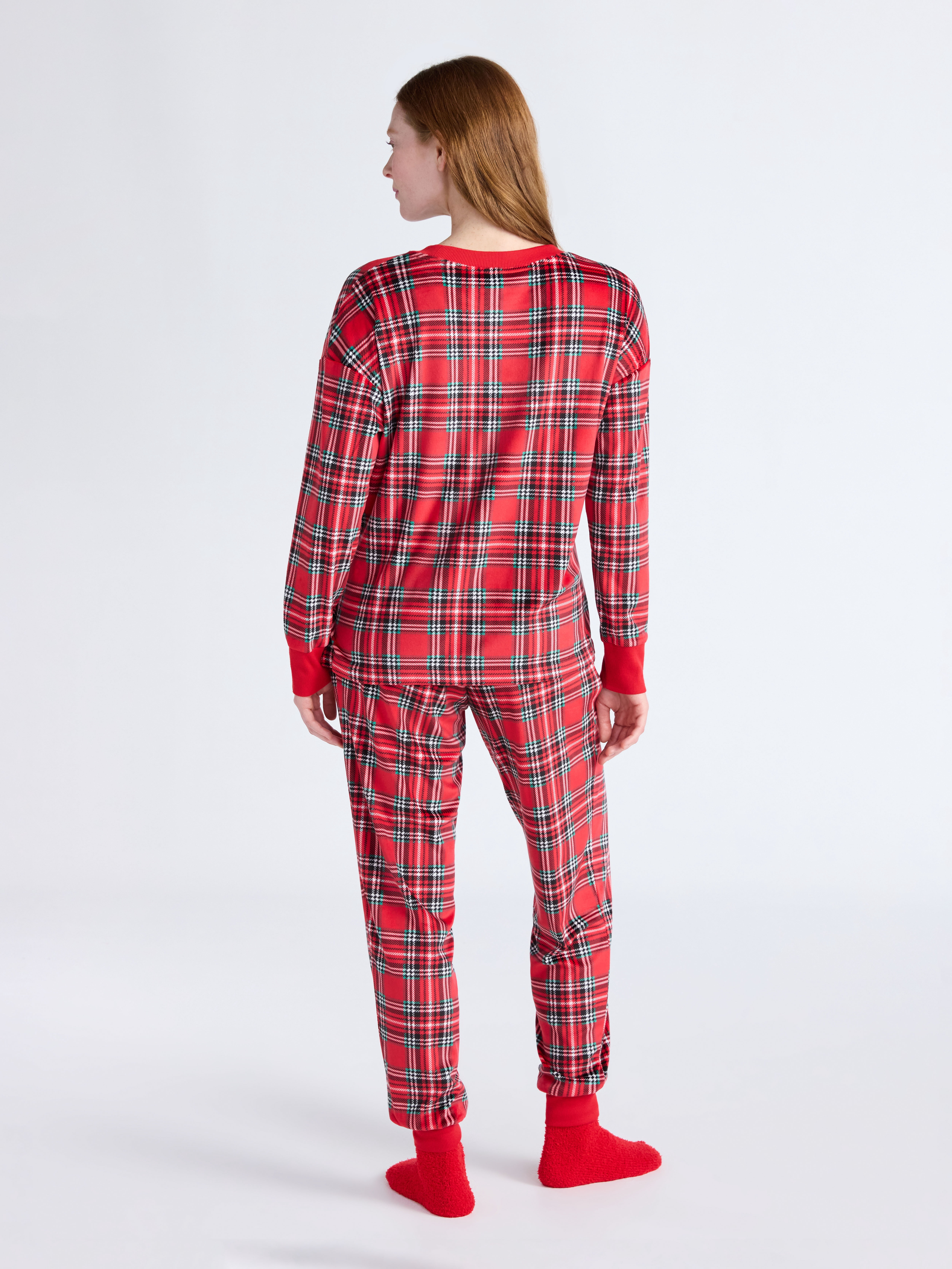 Joyspun Women’s Stretch Velour Long Sleeve Top, Pants, and Socks Pajama Set, 3-Piece, Sizes XS-4X