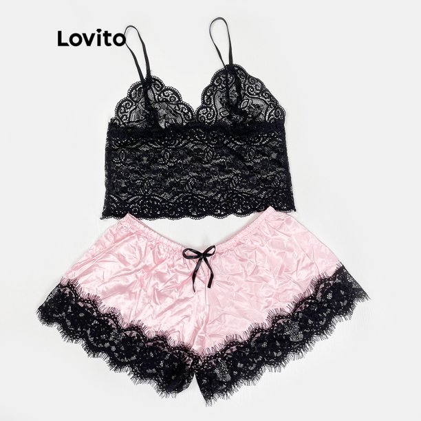 Lovito Set de Lencería Encaje Sexy Slim Fit No Elástico (Verde Oscuro/Púrpura/Rosado/Rojo)
