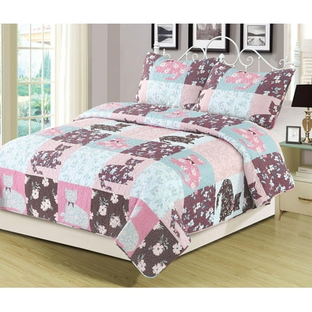Cat Nap Quilt Full/Queen Quilt Floral Patchwork Cats Bedspread Bedding 3 Piece Set Pink Blue Purple ()