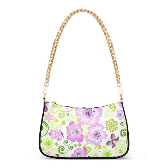 Womens Chain Shoulder Bag Spring Flowers and Butterflies Classic Tote Handbags Fashion Clutch Hobo Purse with Zipper for Travel Casual