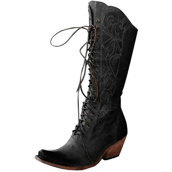 Babysbule Boots for Women Large Size Thick Heel Solid Color Stitched Square Toe Front Lace-up High Boots