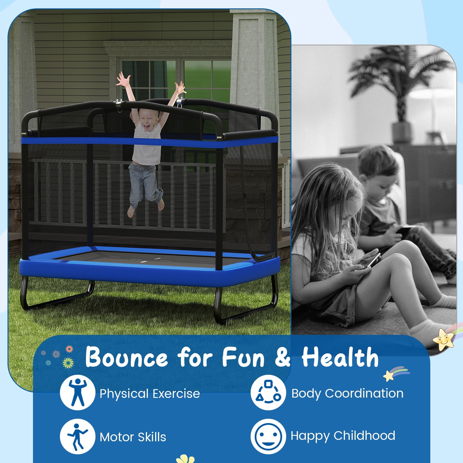 Gymax 6 FT Kids Trampoline w/Swing & Horizontal Bar Safety Enclosure Net Blue