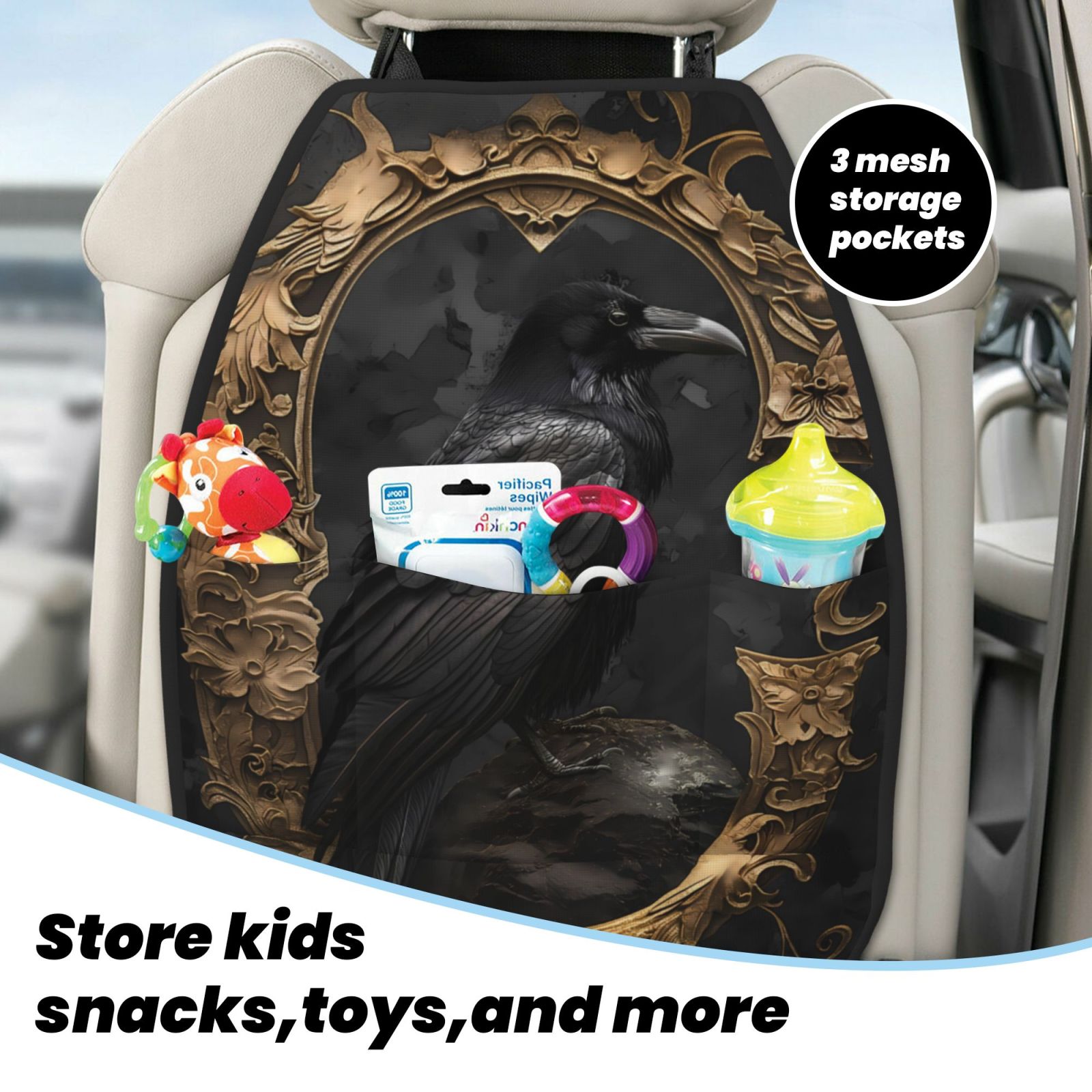 Kdxio Gothic Raven Portrait Print 2 Pack Car Kick Mat Seat Cover Back Protector Mat with Pockets for Organizer Backseat Protector and Storage Anti Kick Pad for Vehicles