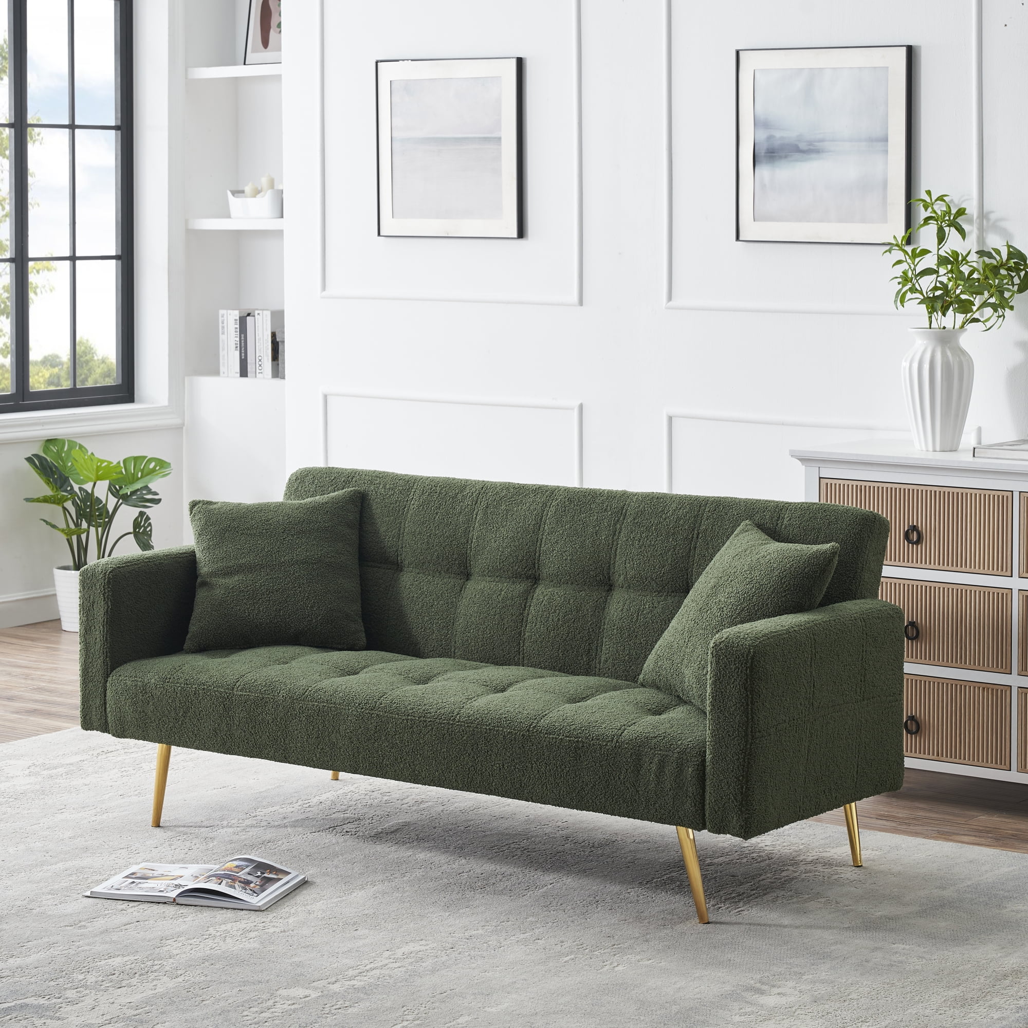 71" W Teddy Convertible Futon Sofa Bed,Modern Upholstered Loveseat Sofa Couch for Living Room,Small Space,Green