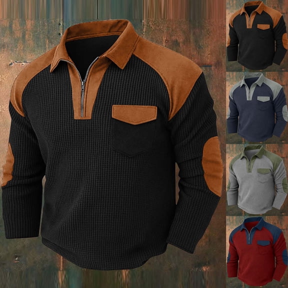 WAENQINLA Mens Sweatshirts Waffle Knit Color Block Golf Pullover Suede Patch Turn Down Collar Quarter Zip Long Sleeve Shirts Casual Work Fall Winter Tops S-3XL