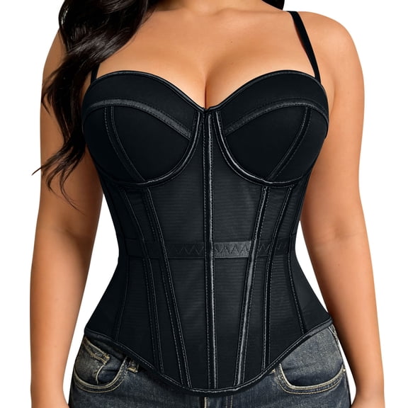 YUANxueke Women's Mesh Corset Bustier Top Pleated Padded Cups Bodysuit Elastic Waistband Top