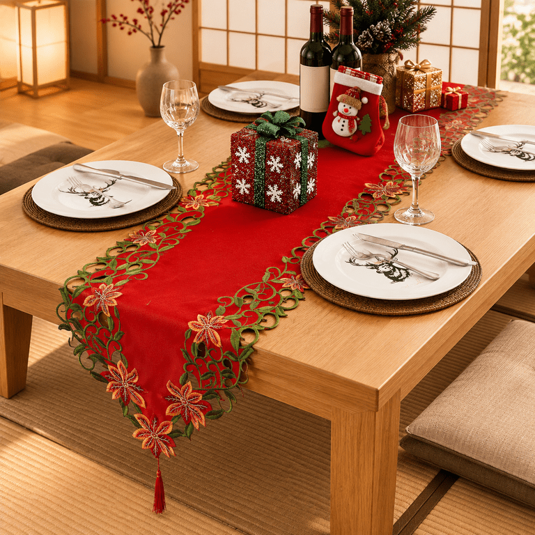 Embroidered Polyester Table Runner 15x69 Inch Green Leaves Holiday ...