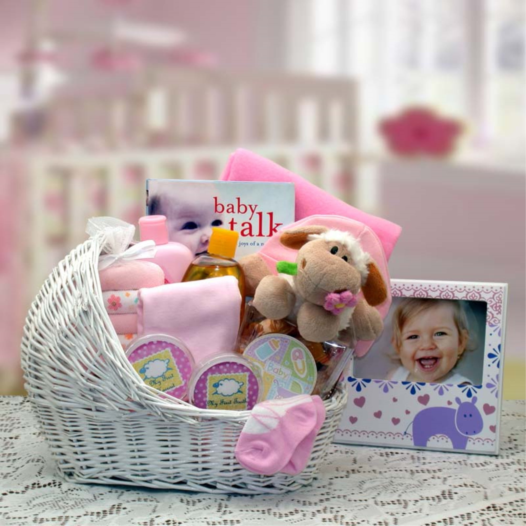 Deluxe baby gift basket/hamper inc towel 4 pce clothes set keepsake toy girl 