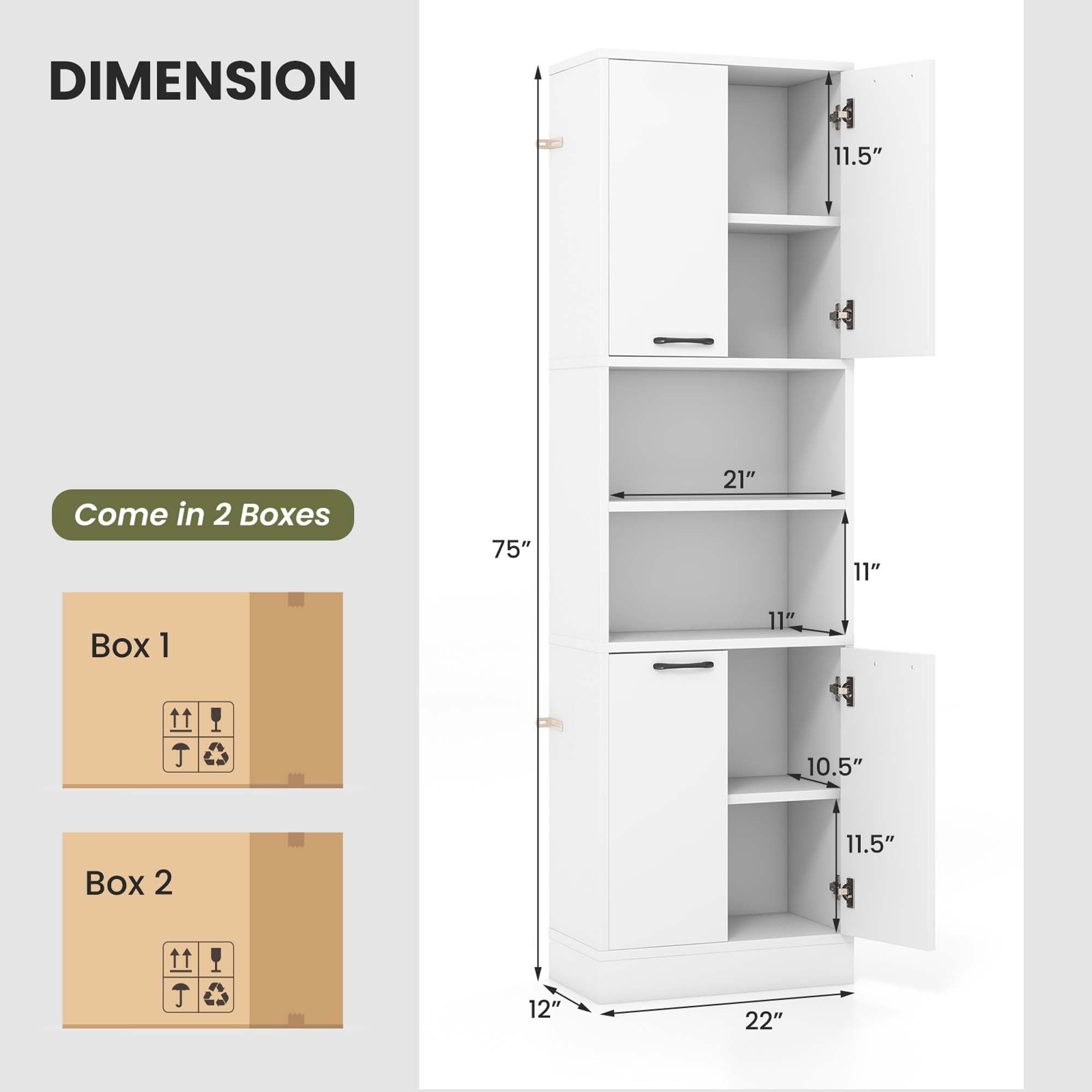Costway 75" Tall Bathroom Storage Cabinet with 4 Doors & 2 Open Compartments Freestanding White