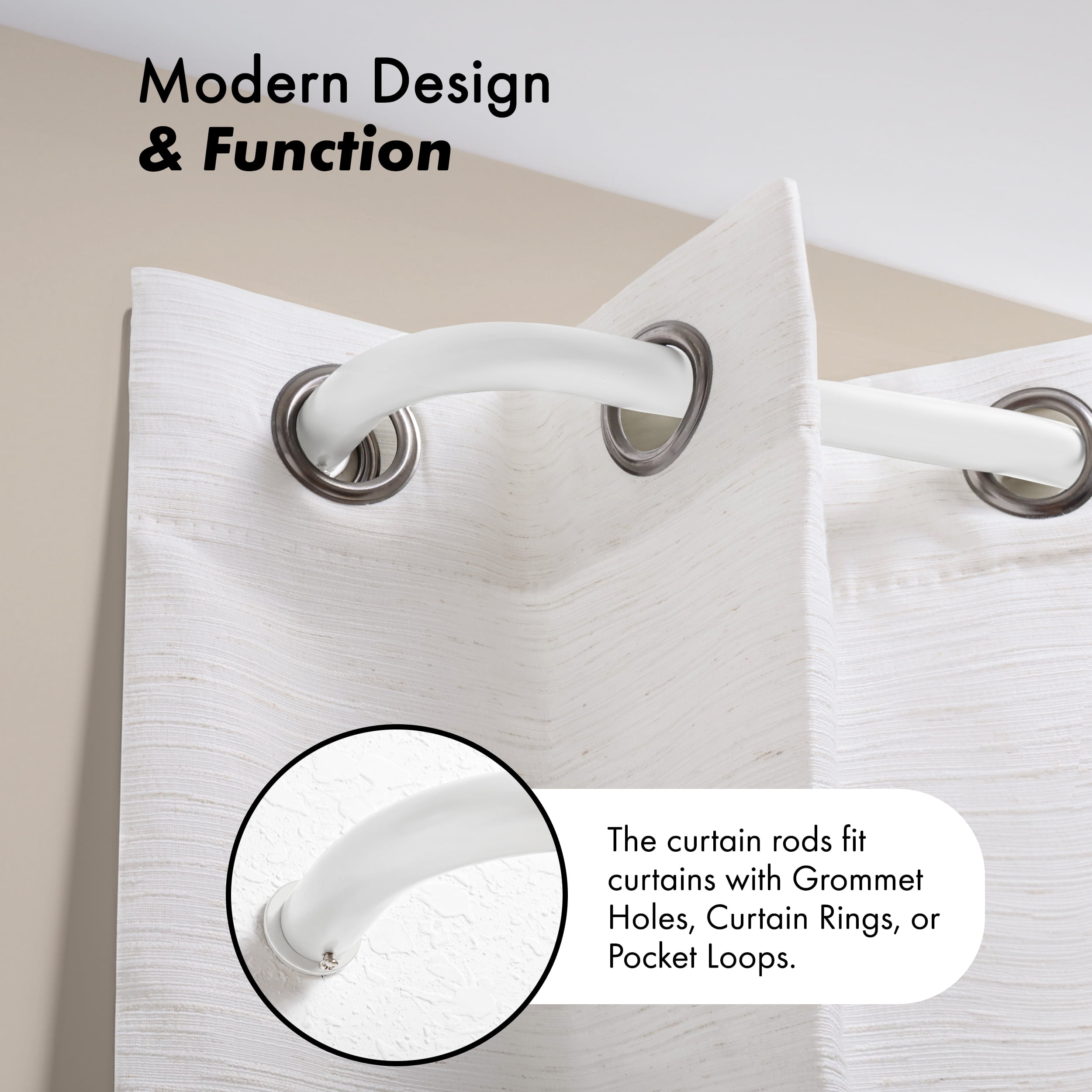 MERIVILLE 1" Bay Window Curtain Rod Set, Adjustable Side 20–37" and Center 38–72", Single Rod, Glossy White