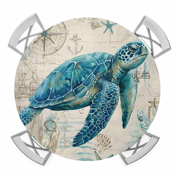 Elastic Fitted Round Tablecloth, Teal Sea Turtle Coastal Waterproof Stretch Table Cover for 55"-60" Tables, Vintage Summer Beach Nautical Washable Outdoor Tablecloths for Patio, Picnic, Camping