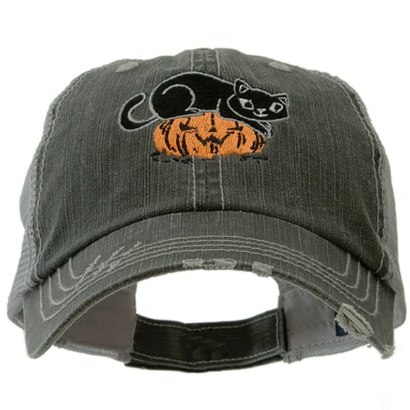 Halloween Cat and Pumpkin Embroidered Low Profile Cotton Mesh Cap - Black OSFM
