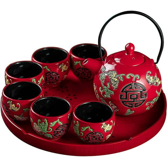 Traditional Chinese Ceramic Tea Set, Tea Set for Wedding Ceremony Party, Chinese Red Porcelain Tea Pot With Tea Cups and Tea Tray for Adults (Style A)