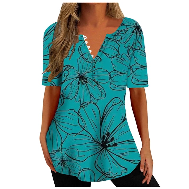 Penkiiy Blouse Plissée à Manches Courtes pour Femmes, Col Rond, Tunique Boutonnée Imprimée 3TG Bleu