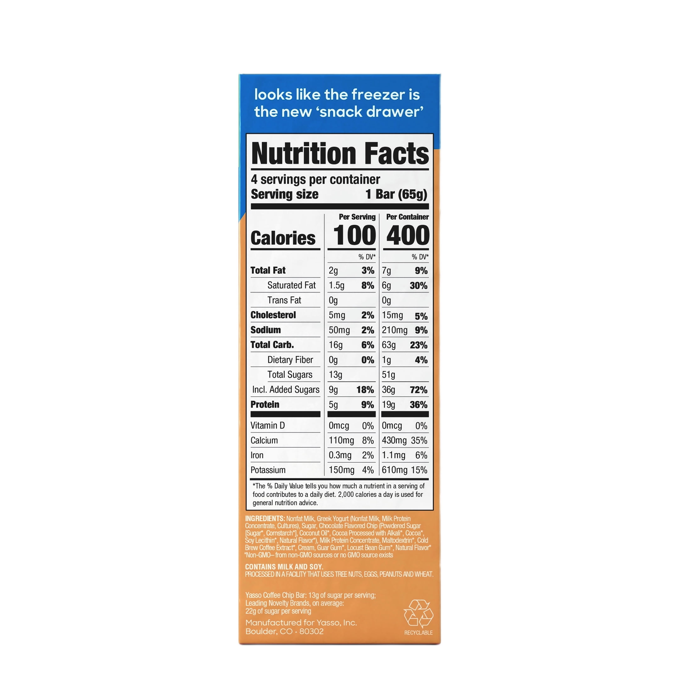 Yasso Frozen Greek Yogurt Bars Coffee Chocolate Chip Bars 3.5fl oz bars 4 bars