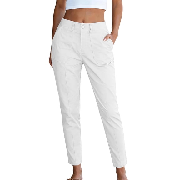 Lenpel Womens Casual Cropped Pants Fall Tapered High Waisted Comfy Ankle Trousers Plain Straight Leg Work Pants with Pockets(White,X-Large)