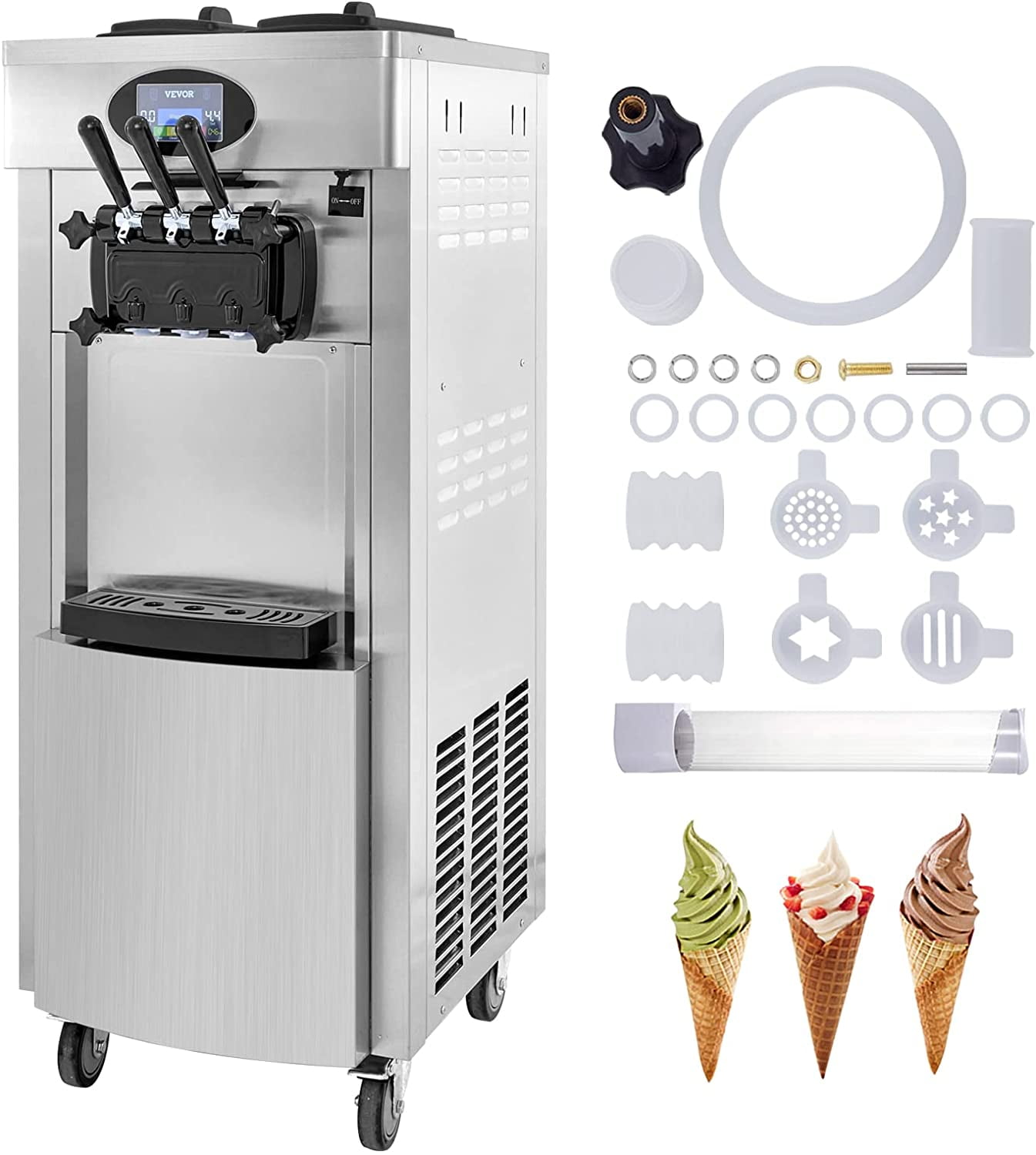 2200W Commercial Soft Ice Cream Machine 3 Flavors 5.3 to 7.4Gallon LCD Panel 