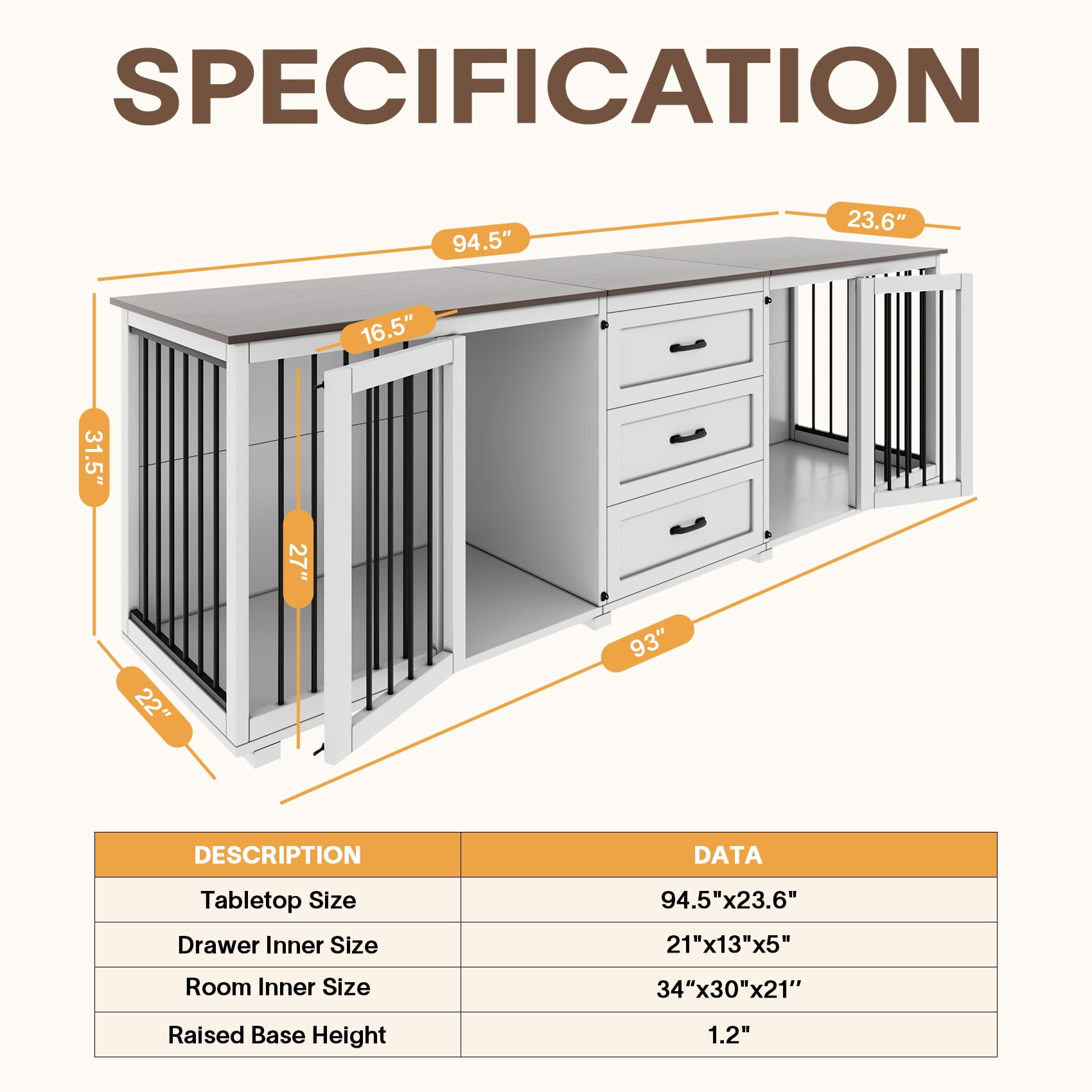 Mowpex Lockable 2-Door 95" Engineered Wood Furniture Style Crate for Dogs with 3 Drawers