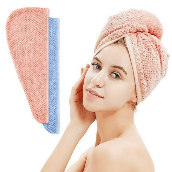 Microfiber Hair Towel Turban Wrap for Women 2 Pack Quick Dry Towels for Hair (Blue Pink)