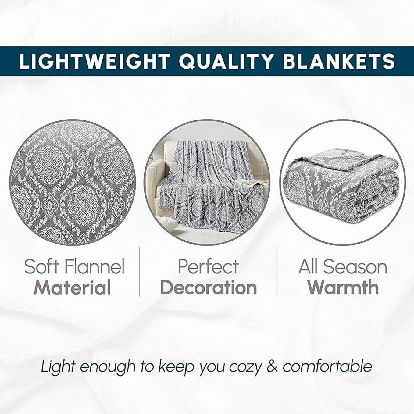 Elegant Comfort Soft Print Flannel Fleece Bed Blanket, Cozy-Fuzzy Lightweight Bedspread Coverlet, All season Decorative Blanket for Couch, Sofa, Ogee Design, King Size, Gracey