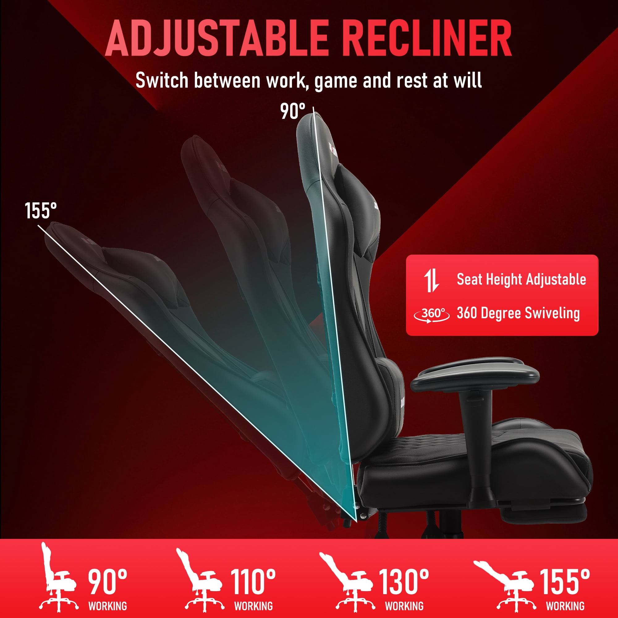 JONPONY Big and Tall 400LBS Gaming Chair, Ergonomic Design with 2D Armrests,PU Leather with Footrest and Lumbar Support, High Back Office Chair Support 8 Hours Long Sitting, Computer Chair,Black
