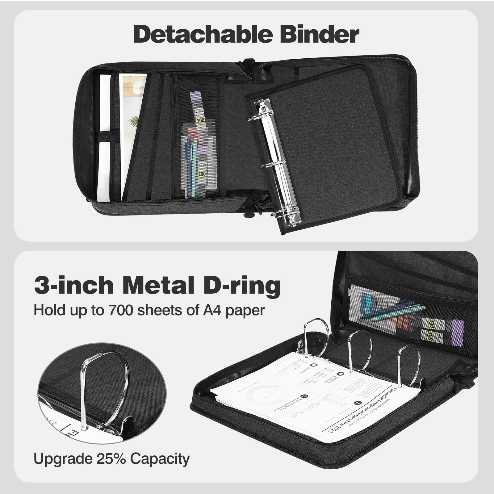MoKo Zipper Binder, 3 Inch 3 D-Ring 700 Sheets Capacity Multi-Pocket Organizer with Shoulder Strap & Handle, School Supplies,Black