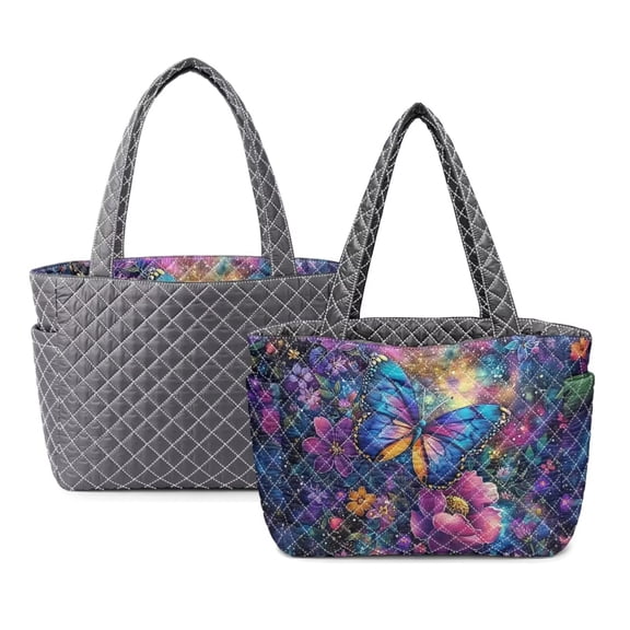 LedBack Butterfly Flower Print Quilted Tote Bag Double Sided Hobo Purse with Side Pockets Casual Women's Handbags