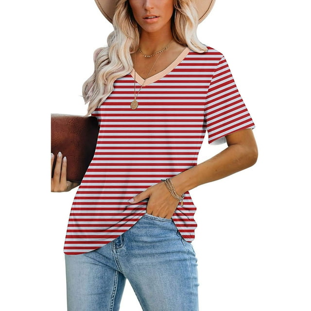 Blouses pour Femmes, Blouses Imprimées Rayées à Manches Courtes T-Shirt Col en V