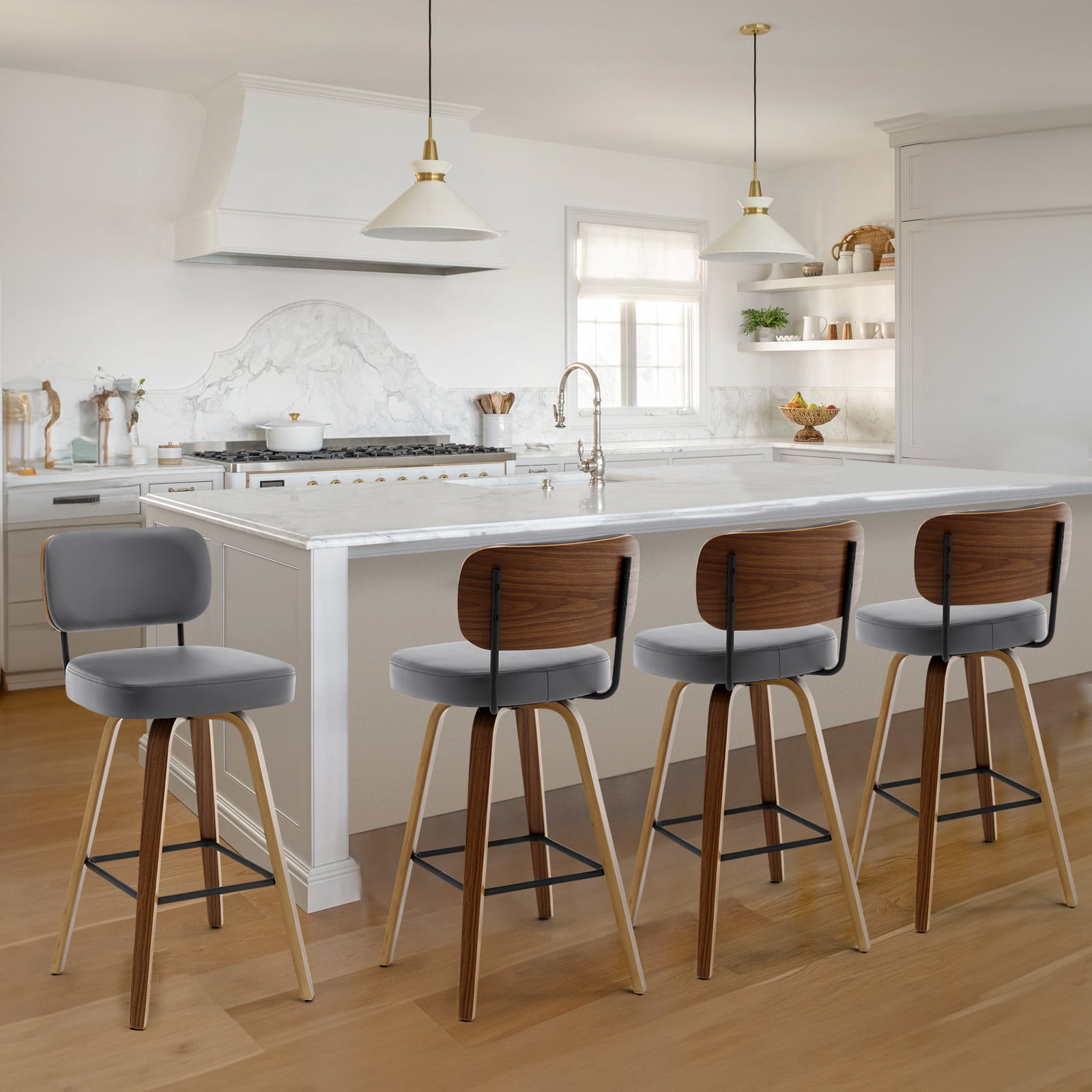 Swivel Counter Height Bar Stools, Set of 4, 29" Upholstered PU Leather Barstools with Back Wood Legs, Mid Century Modern Bar Chair Island Stool for Kitchen Counter, Gray