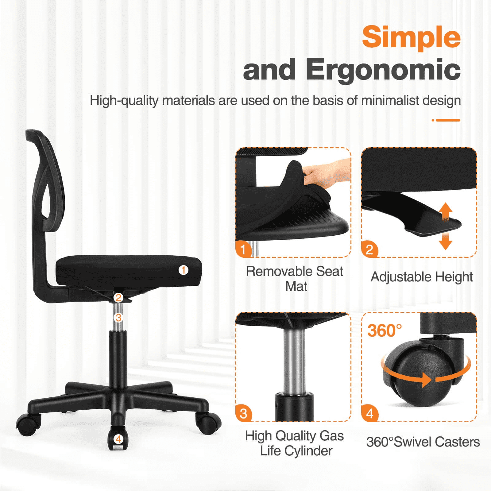 MAYEERTY Home Office Desk Chair, Armless Mesh Computer Chair Small Space Swivel Adjustable Low Back Task Chair for Teens/Adults, Black