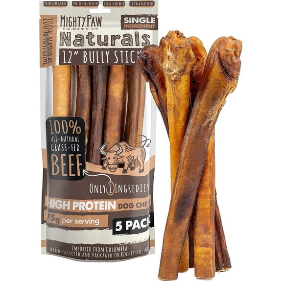 Mighty Paw Naturals Bully Sticks, All-Natural Protein Dog Treats for Dental Health, Large Dogs (12" Jumbo, 5 Pack)