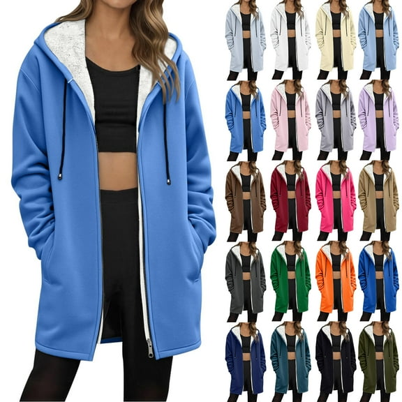 Winter Coats for Women Oversized Sherpa Lined Warm Long Zip Up Hoodies Casual Loose Cozy Solid Thick Fleece Jacket Royal Blue L
