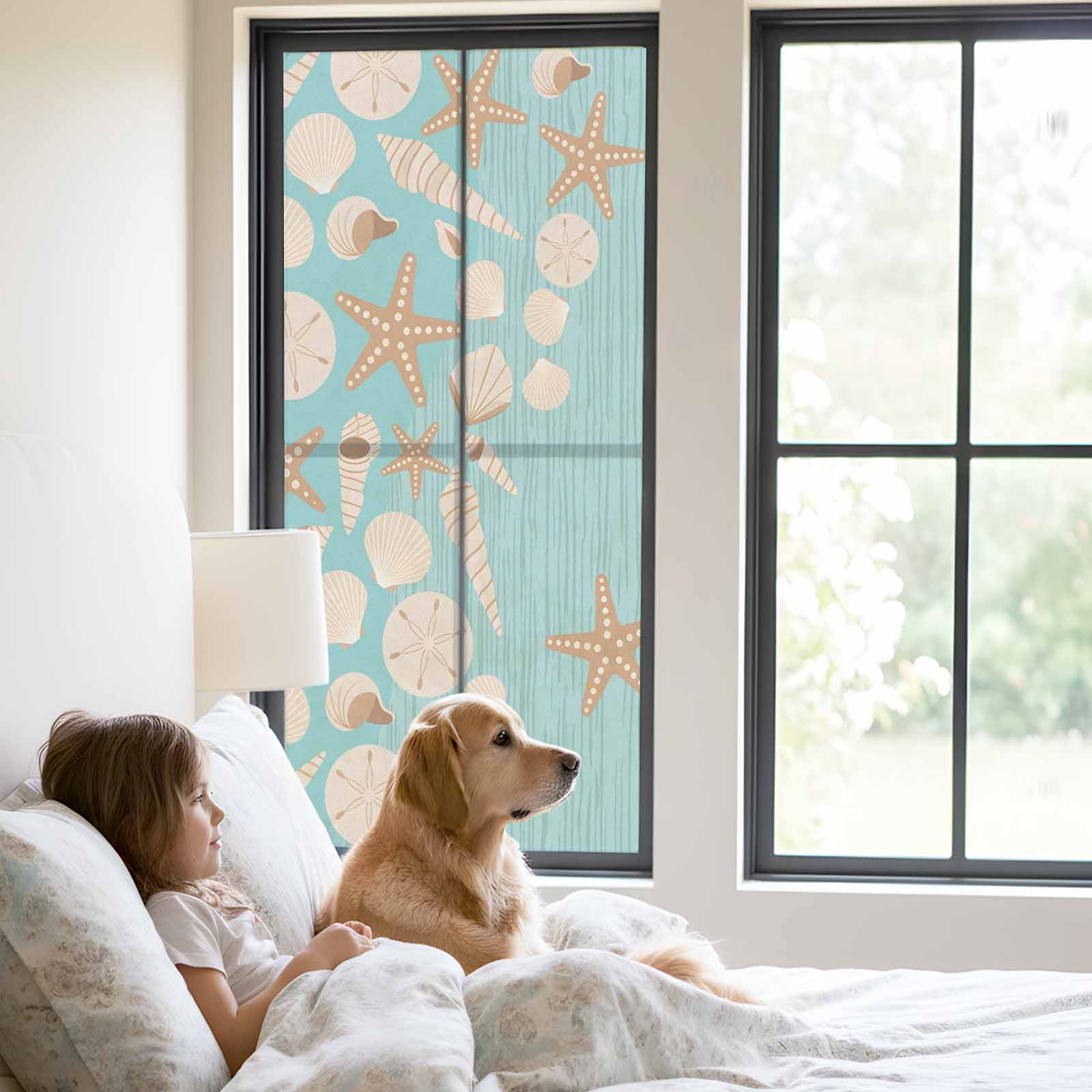 Starfish Shell Window Privacy Film, Abstract Ocean Beach Shore Teal Striped Frosted Glass Window Clings Static Cling UV Heat Blocking Reusable Door Sticker for Bathroom 23.6 x 59 Inch