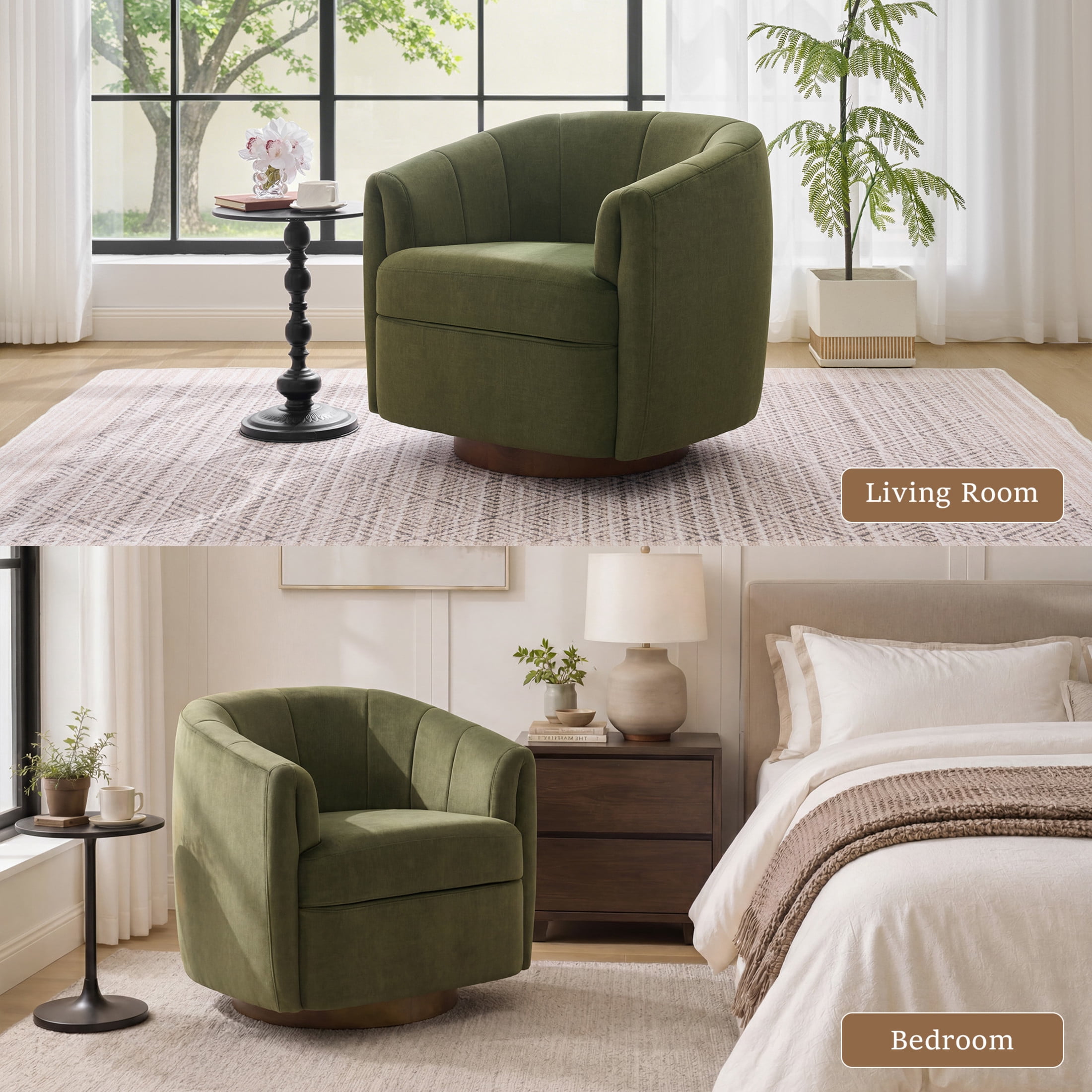 Noble House Swivel Accent Chair with Solid Wood Base, Velvet Upholstered Armchair for Living Room, Green