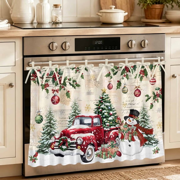 Oven Skirt Curtain for Kitchen 20x27 Inch, Christmas Oven Curtain with 8 Ribbon Ties & Ruffle Trim, Stove Skirt Curtain Dishwasher for Cabinets Sinks Xmas Snowman Truck Snowflake Tree Balls Vintage