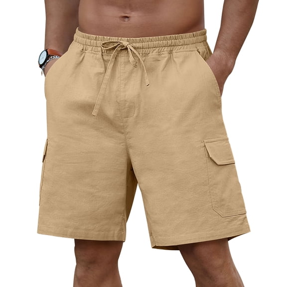 Iceglad Mens Cargo Shorts Cotton Linen Shorts Elastic Waist Relaxed Casual Summer Beach Shorts with Multi Pockets