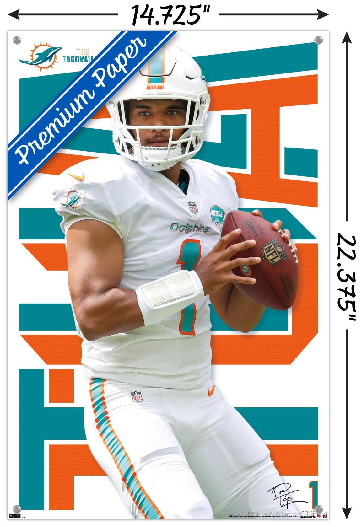 NFL Miami Dolphins - Tua Tagovailoa 20 Wall Poster with Push Pins, 14.725" x 22.375"