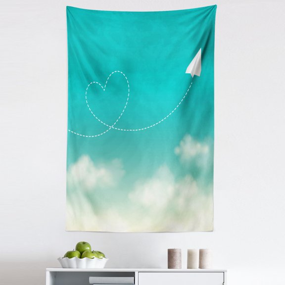 Cloud Tapestry, Paper Plane with a Heart Flight Path Floating over the Clouds Romantic, Fabric Wall Hanging Decor for Bedroom Living Room Dorm, 5 Sizes, Sea Green Mint Green, by Ambesonne