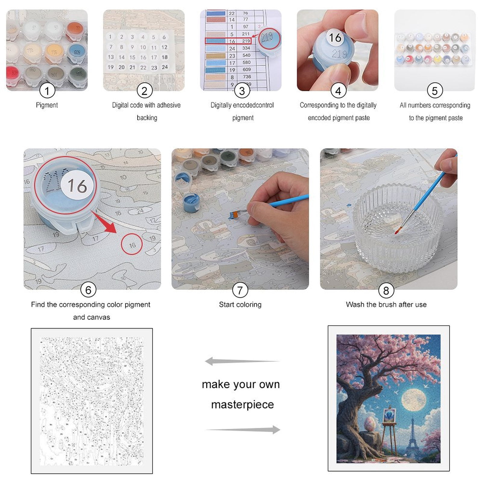 Paint By Numbers Kit for Adults Beginner - DIY Cherry Blossom Moonlit Paris Art Canvas Painting Kits for Adults, Frameless Paint By Number for Adults for Home Wall Decor 16x20 Inch