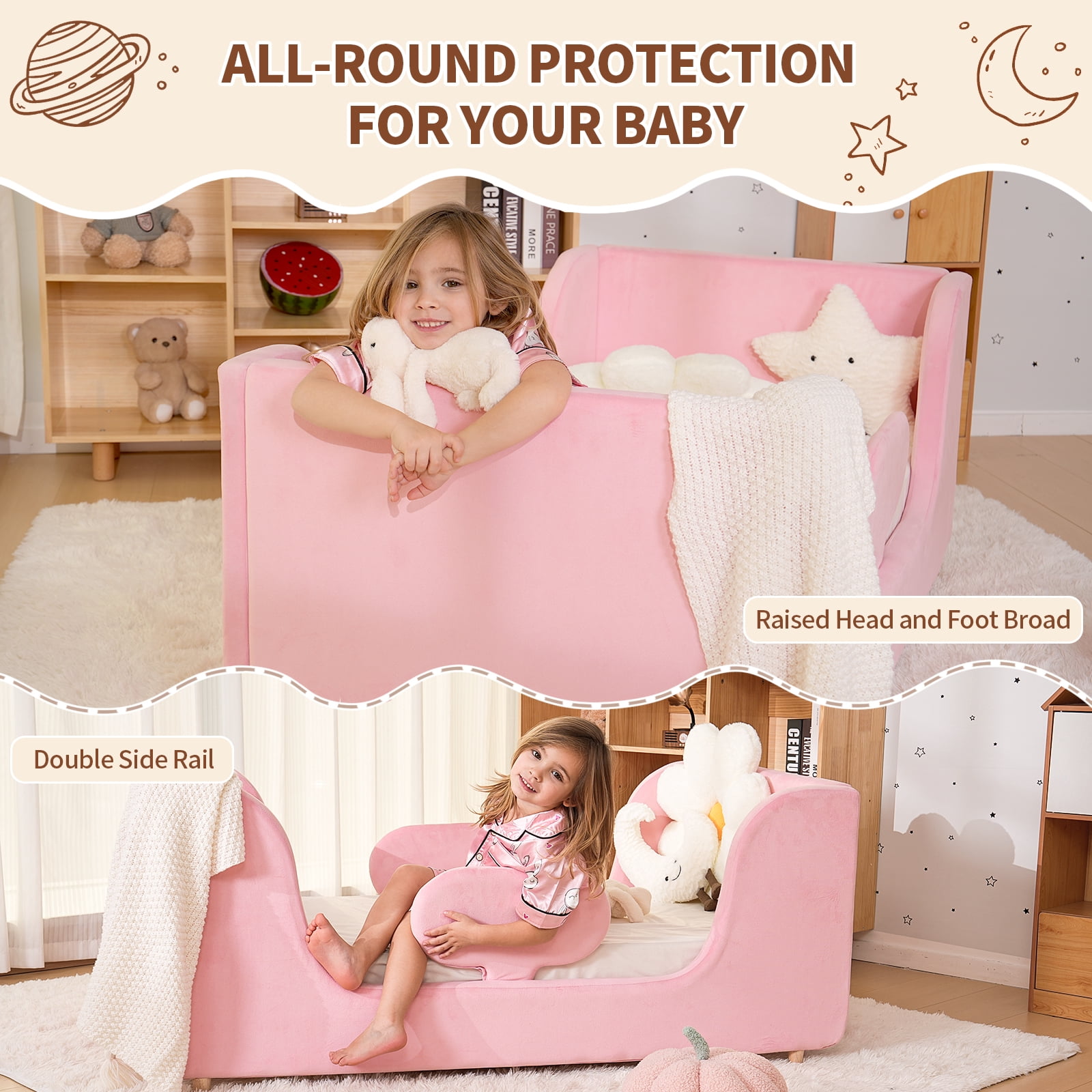 Slsy Toddler Bed, Toddler Floor Bed Frame with Removable Guard Rails, Small Bed for Kids Boys and Girls Aged 1-6 Years, Standard Crib Size Toddler Bed, Certified Fabric Toddler Beds