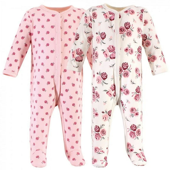 Hudson Baby Infant Girl Cotton Snap Sleep and Play 2pk, Rose, 0-3 Months