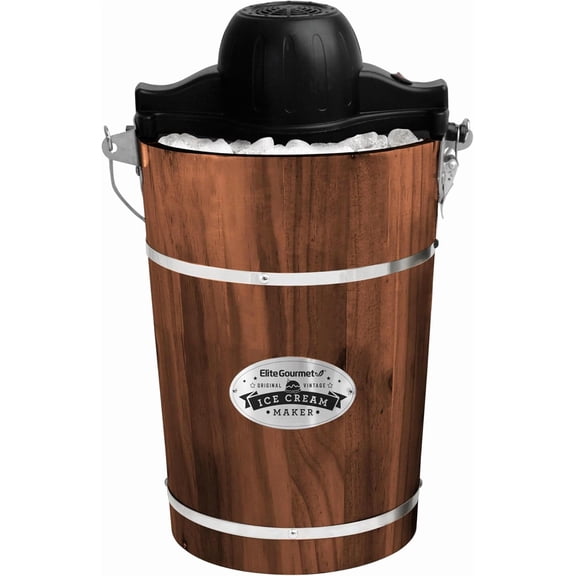 Elite Gourmet EIM949 Old Fashioned 6 Quart Vintage Walnut Wood Bucket, Electric Ice Cream Maker Machine Appalachian, Uses Ice and Rock Salt