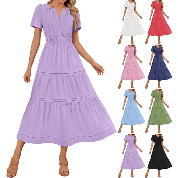 Lovzfmll Women's Sundress, V-Neck Short Sleeve, Casual Vacation Maxi Dress Purple, S