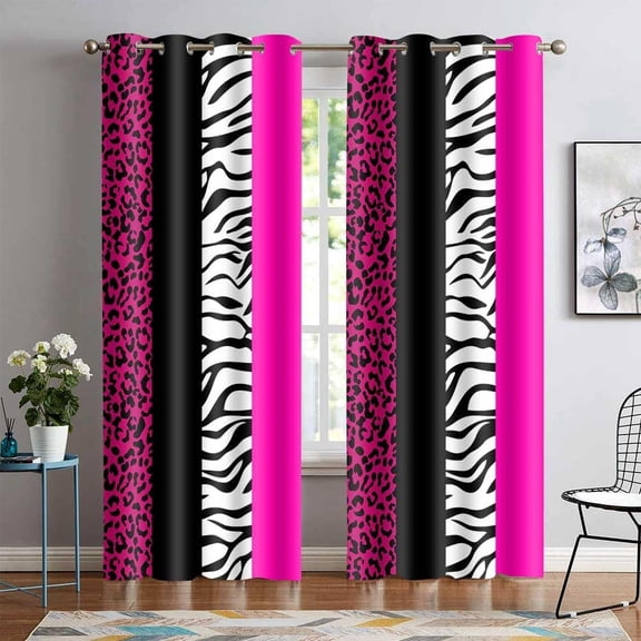 Leopard Print Window Curtains, Pink Black Wild Animal Skin Print Blackout Curtains, Striped Patchwork Room Darking Window Treatment Drapes for Bedroom Living Room 42 x 84 Inch, 2 Panels